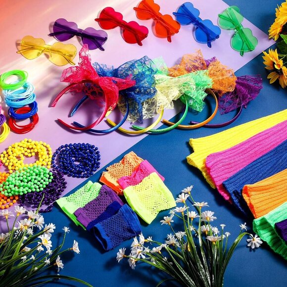 80s Costume Accessories Women Neon Gloves Headband Necklace Glasses Leg Warmers - Picture 4 of 7